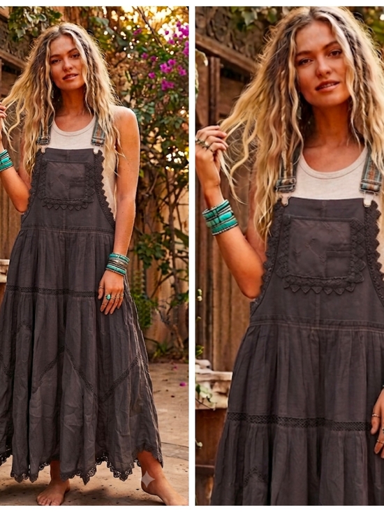Free People Dresses & Skirts - Free People Trails End Skirtall Washed Charcoal Maxi Pinafore Dress